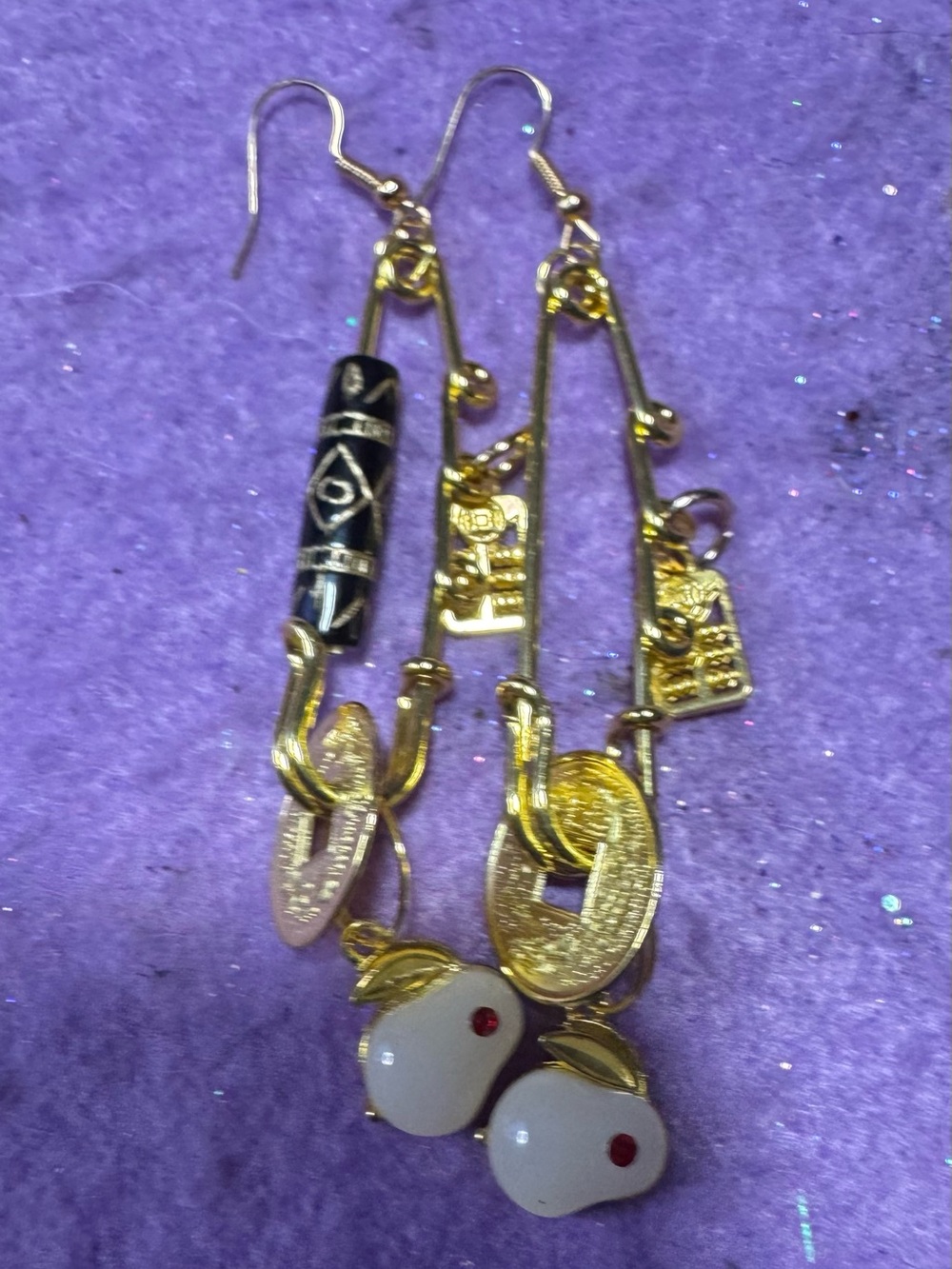 Gold-Tone pear Drop safety pin Earrings with Black Accent Bead